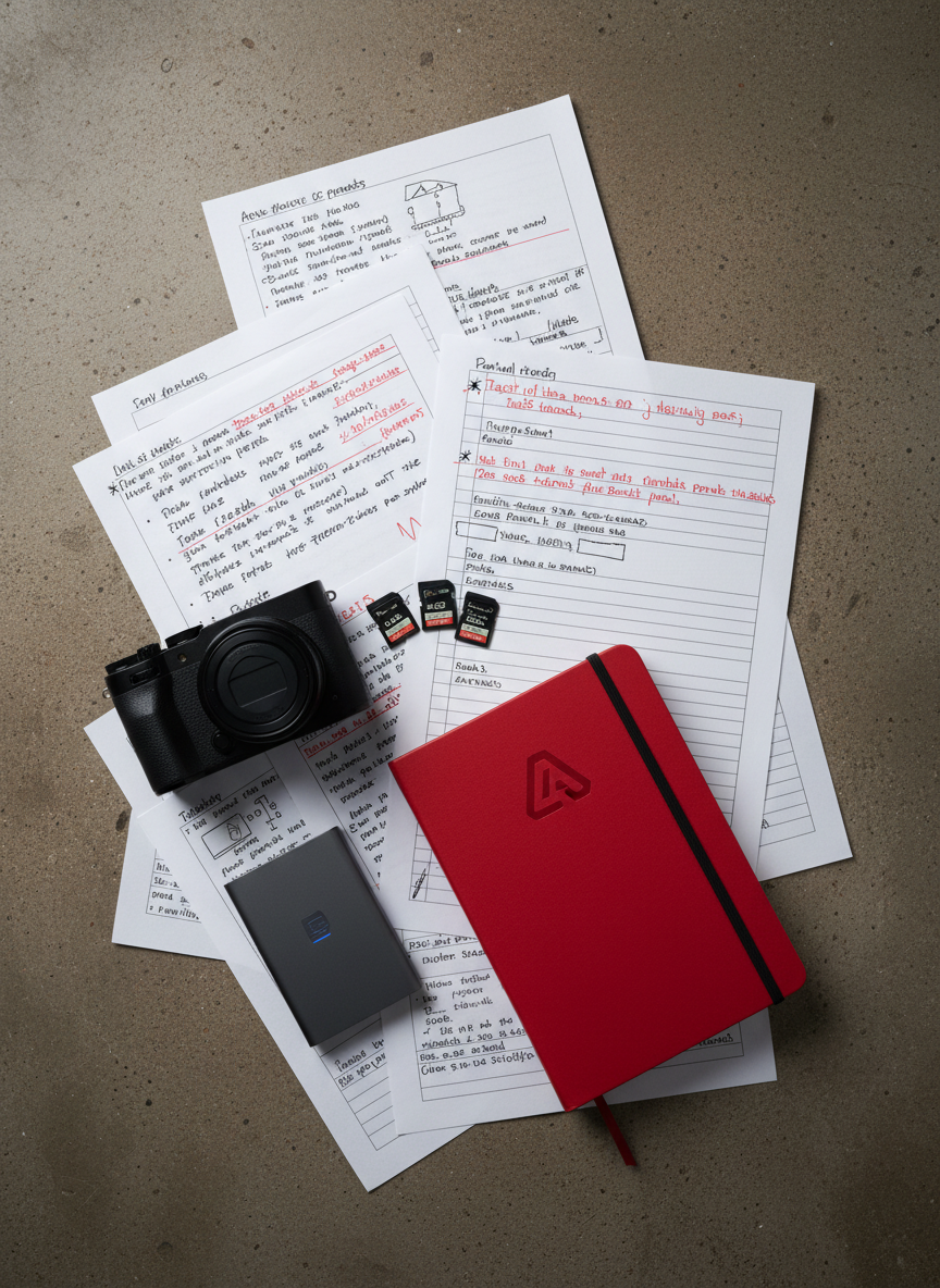 A cinematic flat lay of printed pages covered in carefully marked annotations, bold underlines, and margin notes, spread across a textured concrete surface. Beside them lies a compact mirrorless camera with a matte black finish, a set of SD cards, and a slim external SSD drive. A vivid crimson notebook with a metallic logo adds a strong accent of color. Overhead softbox-style lighting creates even illumination, subtle paper texture, and delicate shadows between pages. Photographic realism emphasizes the contrast between analog writing and digital video gear. The composition is tightly framed from directly above, with a dynamic diagonal arrangement that feels bold, driven, and unapologetically academic-meets-creative.
