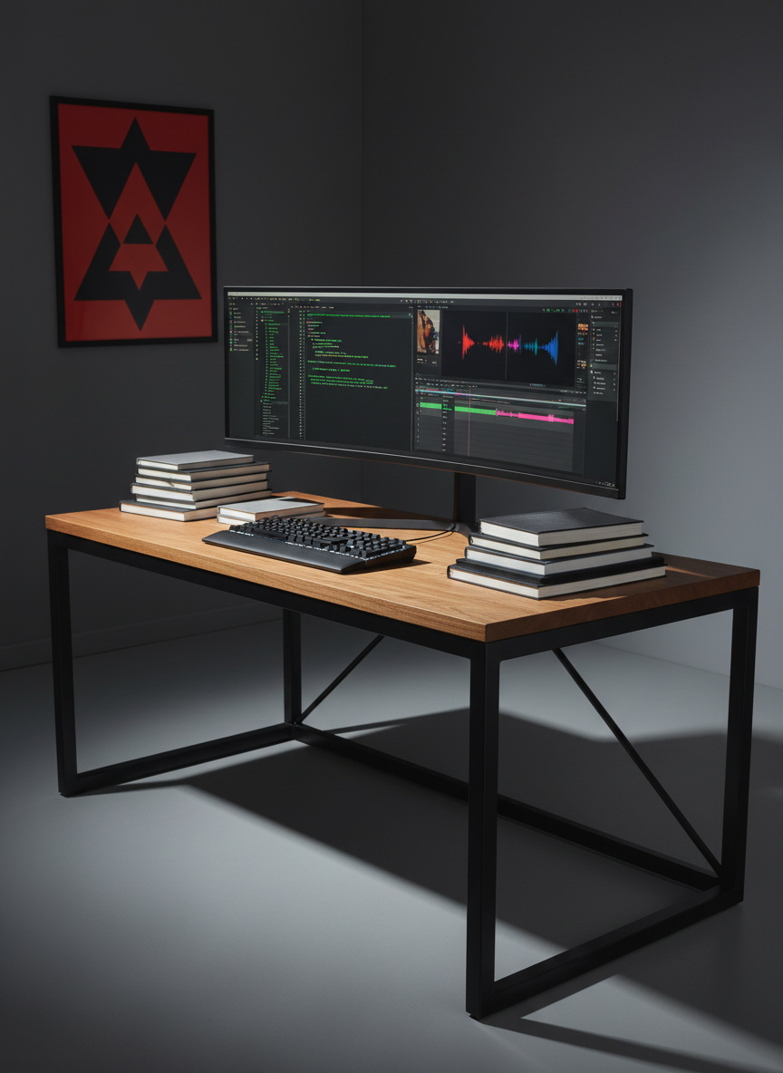 A bold, ultra-modern writing desk made of matte black metal and smooth oak wood, covered with neatly stacked notebooks, a high-end mechanical keyboard, and a large ultrawide monitor displaying a split screen of a text editor and video timeline. The desk stands in front of a dark charcoal wall with a single vibrant red geometric poster. Harsh, directional studio lighting from the left carves sharp highlights along the desk edges and monitor frame, casting dramatic shadows. Shot at eye level with a slightly wide lens, the background falls into soft blur. The mood is powerful and focused, showcasing a photographic realism style that feels like a command center for a serious student creator.